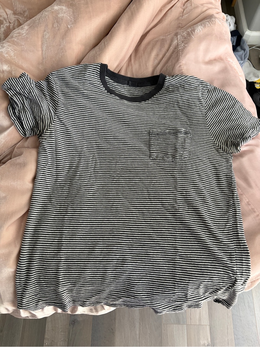 Men's UO Black & White Striped Crew Neck Pocket T-Shirt